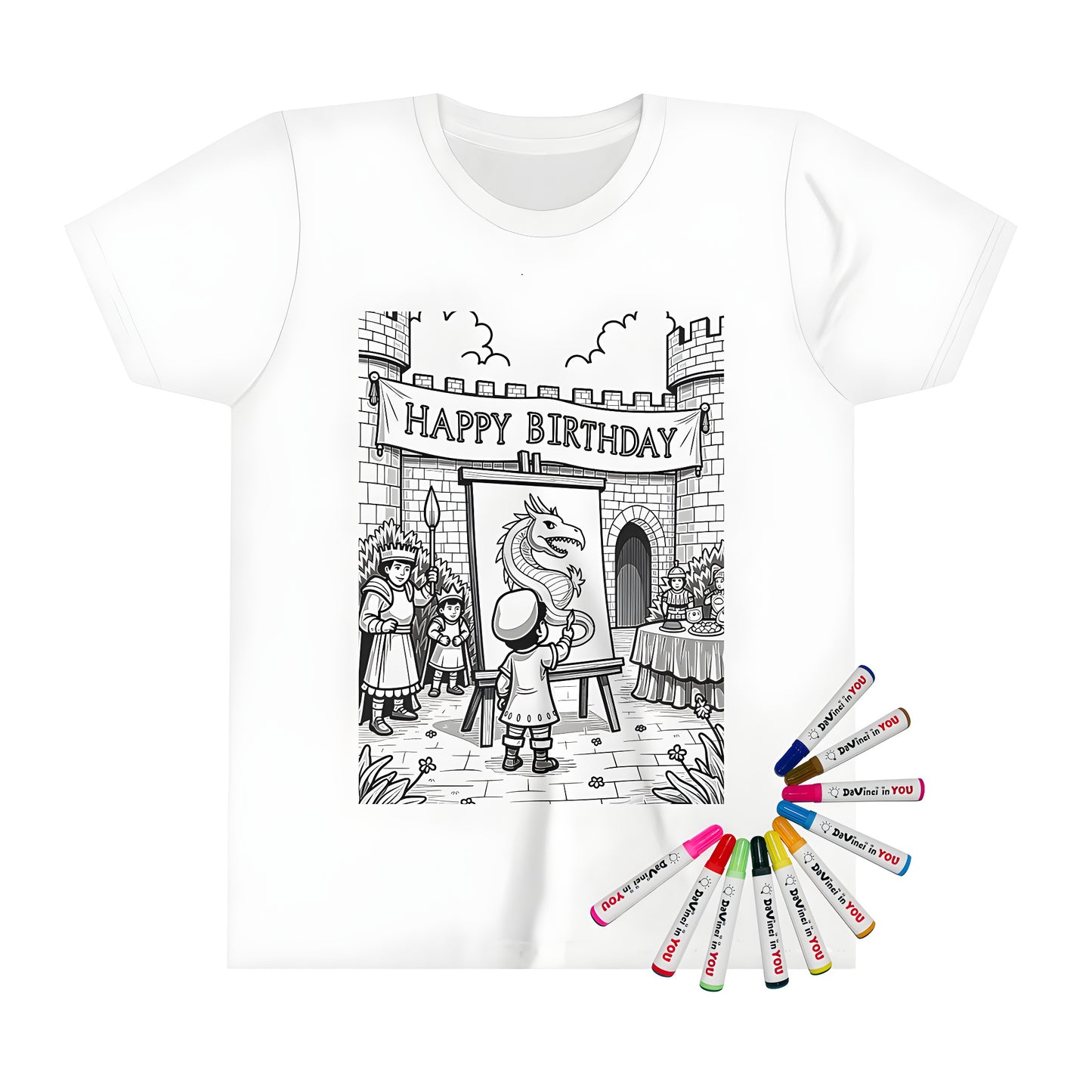 Colouring book art print on kid's t-shirt of a medieval birthday party scene