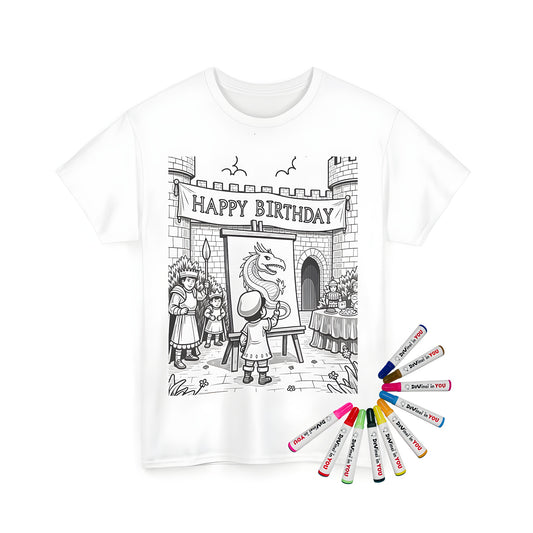 A unisex t-shirt featuring a medieval birthday party scene