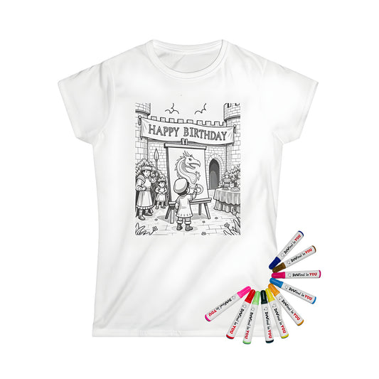 Women's medieval birthday party t-shirt with colorful design and 'Happy Birthday' banner