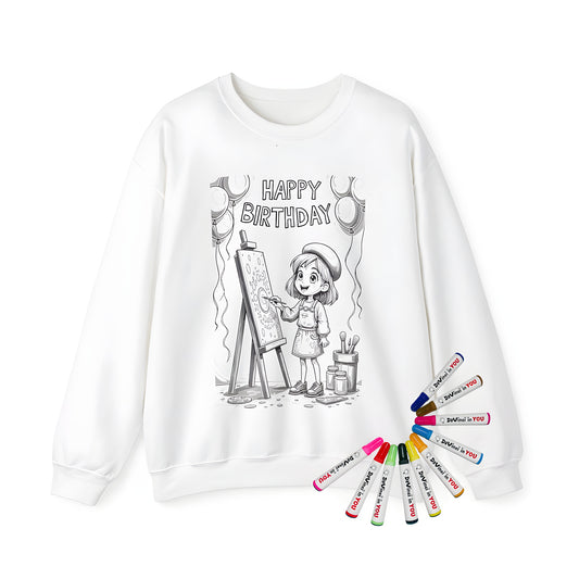 Adult sweatshirt with colorful painting theme, birthday party design, and fun art supplies