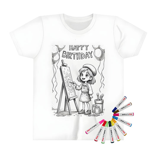 Artistic kid's t-shirt with colorful designs, perfect for an art birthday party or creative kids' activities