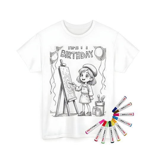 Coloring kit for kids featuring an artistic birthday party design on a unisex t-shirt