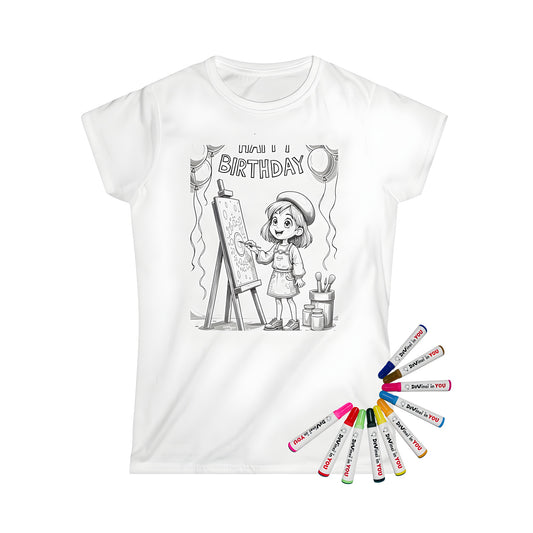 Coloring kit for Women's T-shirt with artistic birthday party design featuring young girl painting at easel