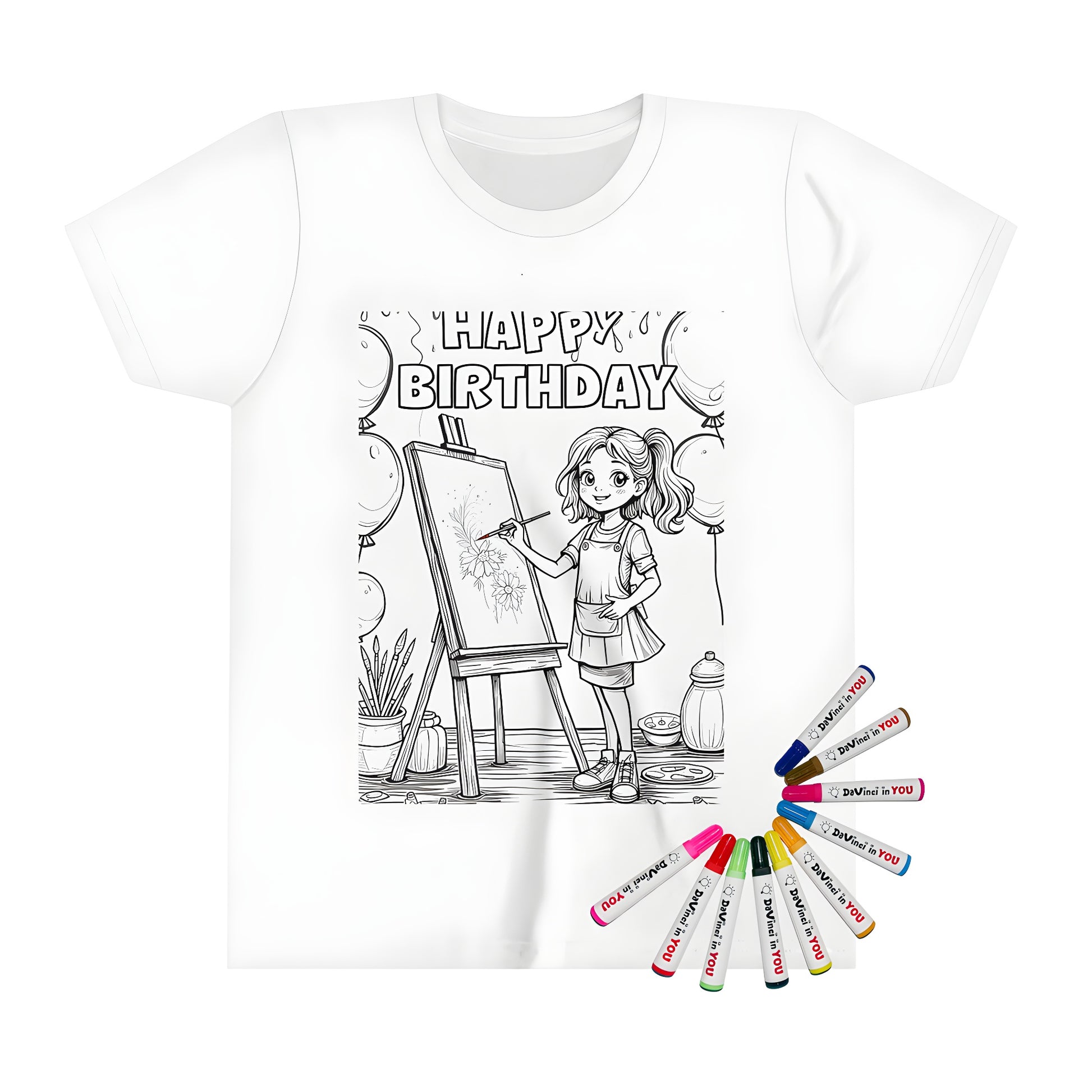 Kids Birthday Party T-Shirt, Happy Birthday Girl, 10 Color Markers, Art Supplies