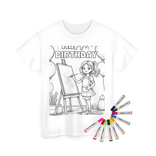 Unisex t-shirt with colorful birthday celebration artwork on fabric marker illustration