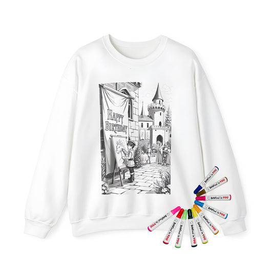 Adult sweatshirt featuring a medieval-themed coloring page design of a birthday celebration at a castle with knights and dragons