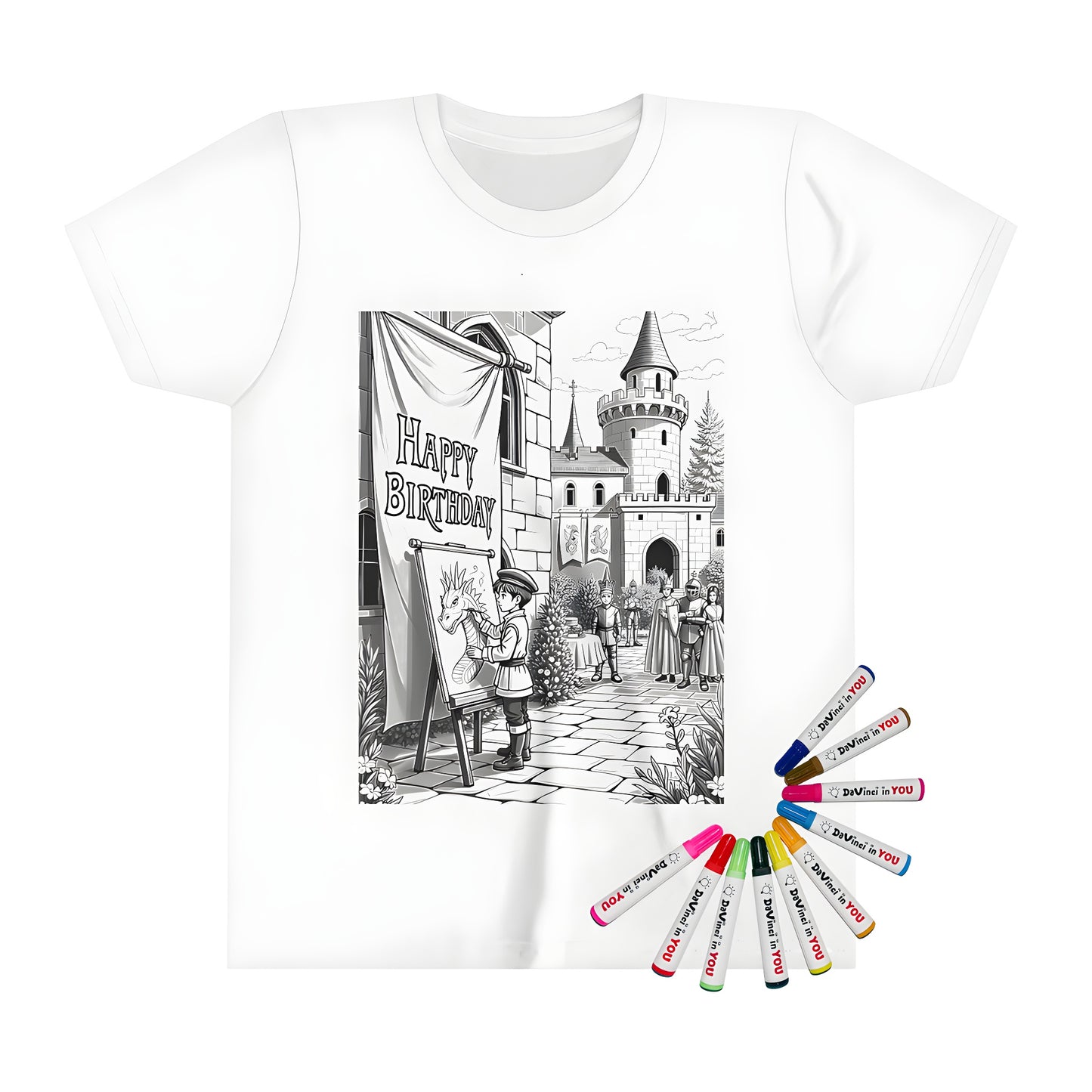 A colorful kid's t-shirt featuring an exciting medieval-themed birthday party scene at a castle with knights, 'Happy Birthday' banner, and child painting a dragon. Perfect for kids who love adventure and fantasy!