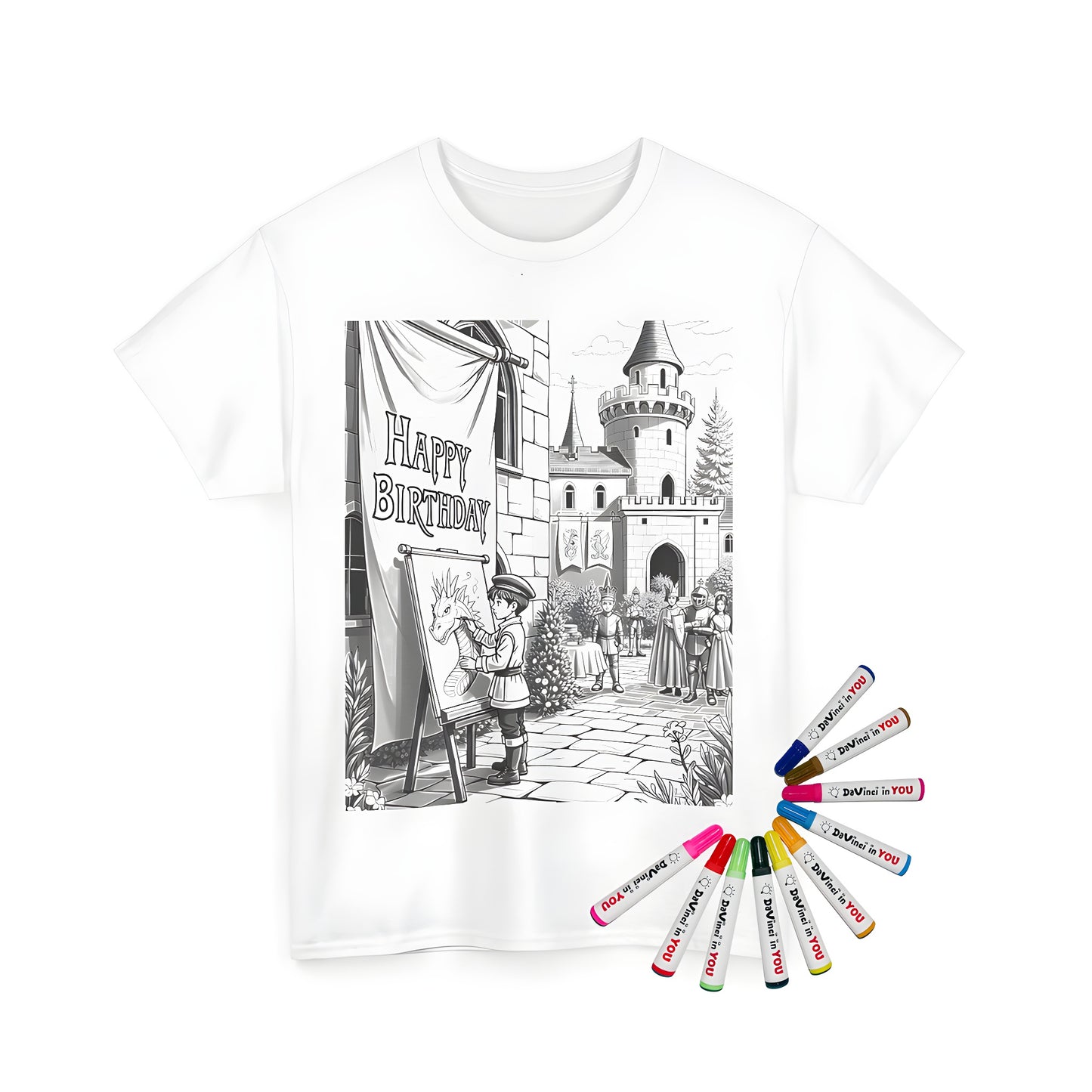 Medieval castle coloring page design on unisex t-shirt