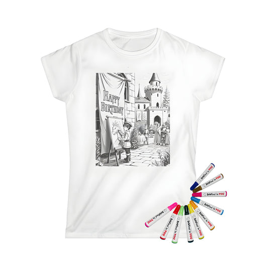 Women's medieval-inspired t-shirt with colorful castle design