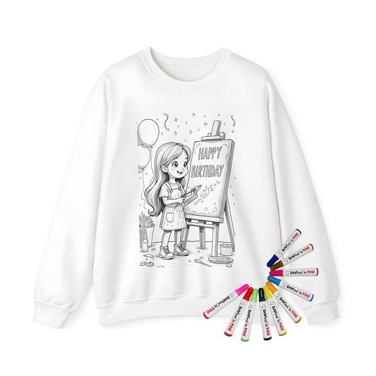 Adult sweatshirt featuring colorful 'Happy Birthday' painting design on easel with balloons and art supplies