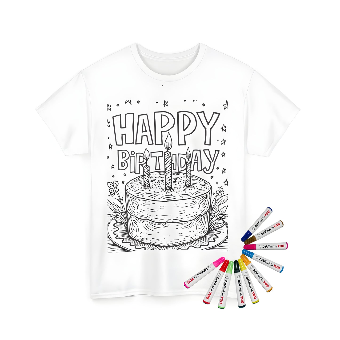 Birthday themed T-shirt with cake design featuring candles, stars, and happy birthday message