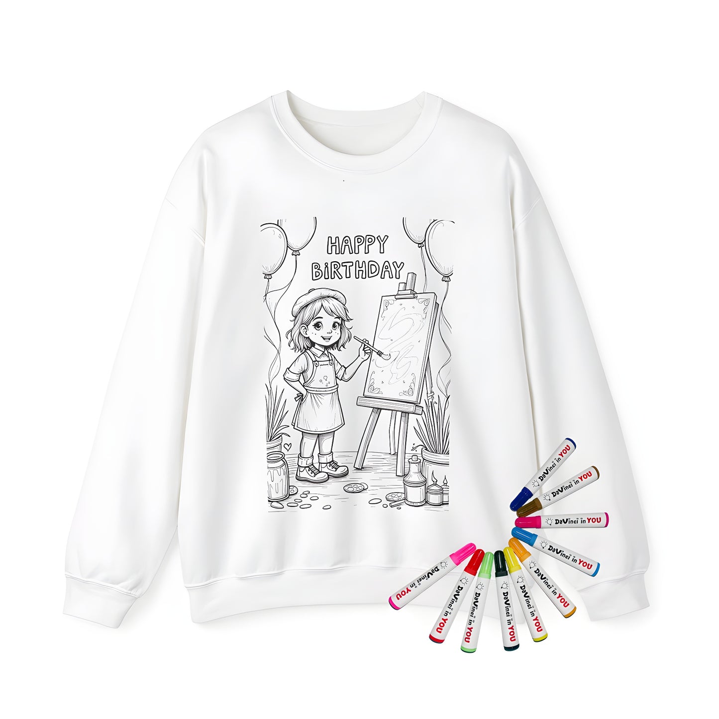 Adult sweatshirt featuring a vibrant painting party design with balloons and art supplies, perfect for a fun and creative adult coloring activity