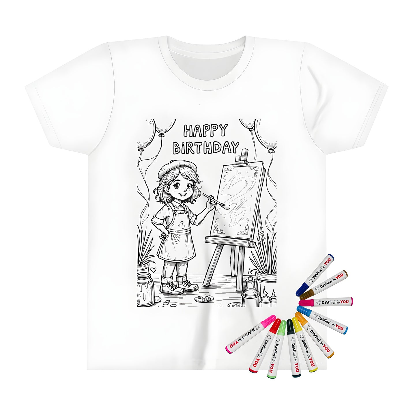 Kid's T-shirt featuring colorful painting party scene with balloons and art supplies