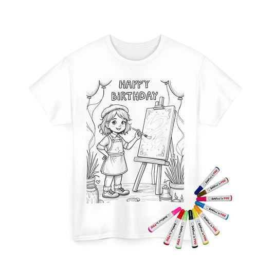 Unisex t-shirt with colorful painting party design on front, surrounded by balloons and art supplies