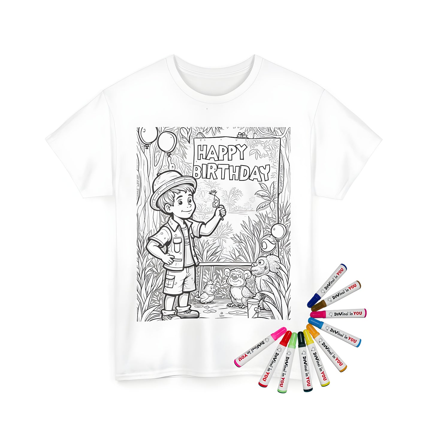 A vibrant, colorful unisex t-shirt featuring an exciting jungle adventure scene, perfect for birthday celebrations. Includes balloons and friendly jungle animals. Made from high-quality fabric with 10 vibrant markers included.