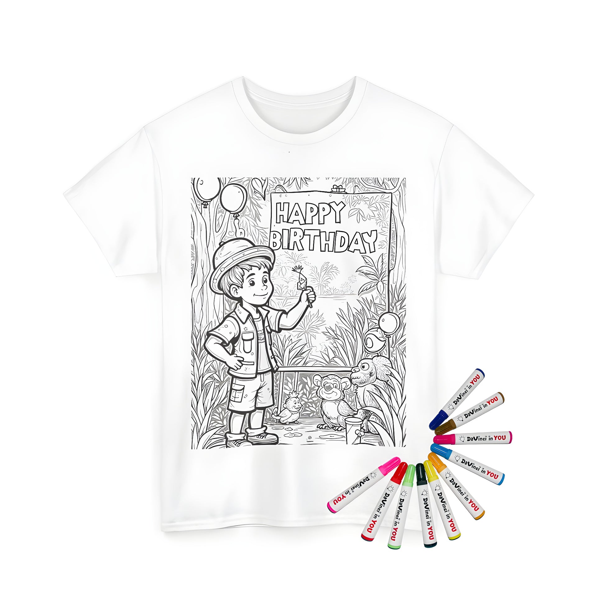 A vibrant, colorful unisex t-shirt featuring an exciting jungle adventure scene, perfect for birthday celebrations. Includes balloons and friendly jungle animals. Made from high-quality fabric with 10 vibrant markers included.