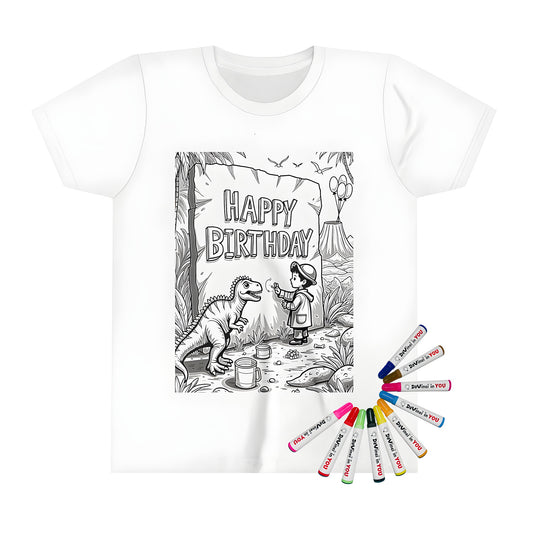 Kid's t-shirt featuring a boy and dinosaur Happy Birthday coloring page design. Dino birthday tee, dino party shirt, prehistoric birthday clothes, kid's birthday top with dinosaurs.