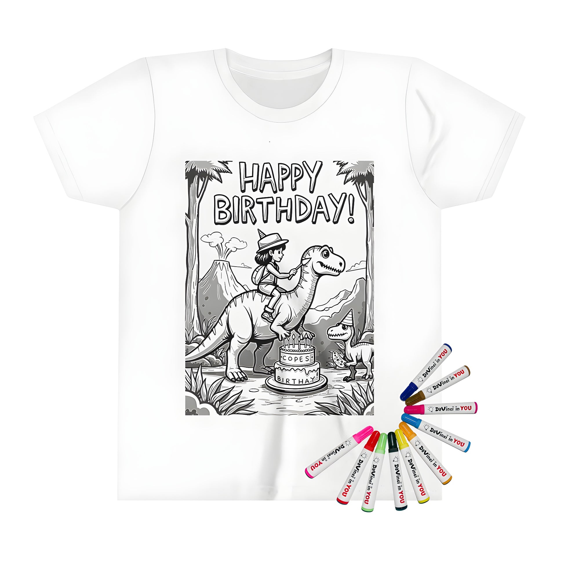 Kids' birthday t-shirt for boys and girls with colorful dinosaur jungle theme