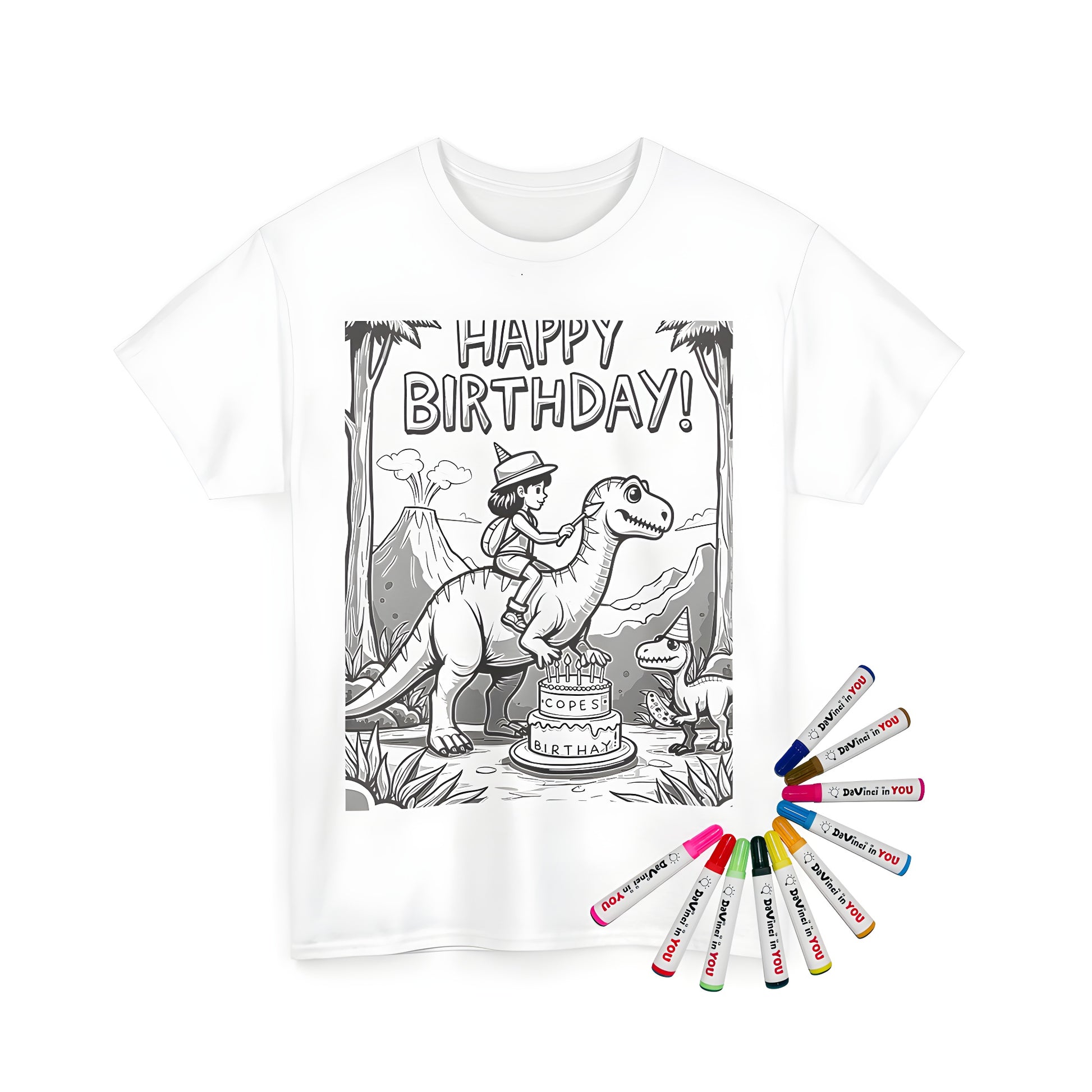 Unisex t-shirt with vibrant coloring page design of a child's birthday celebration amidst dinosaurs in a jungle setting