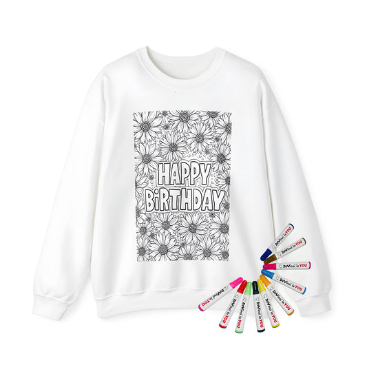 Adult Sweatshirt with birthday greeting and flower coloring page design