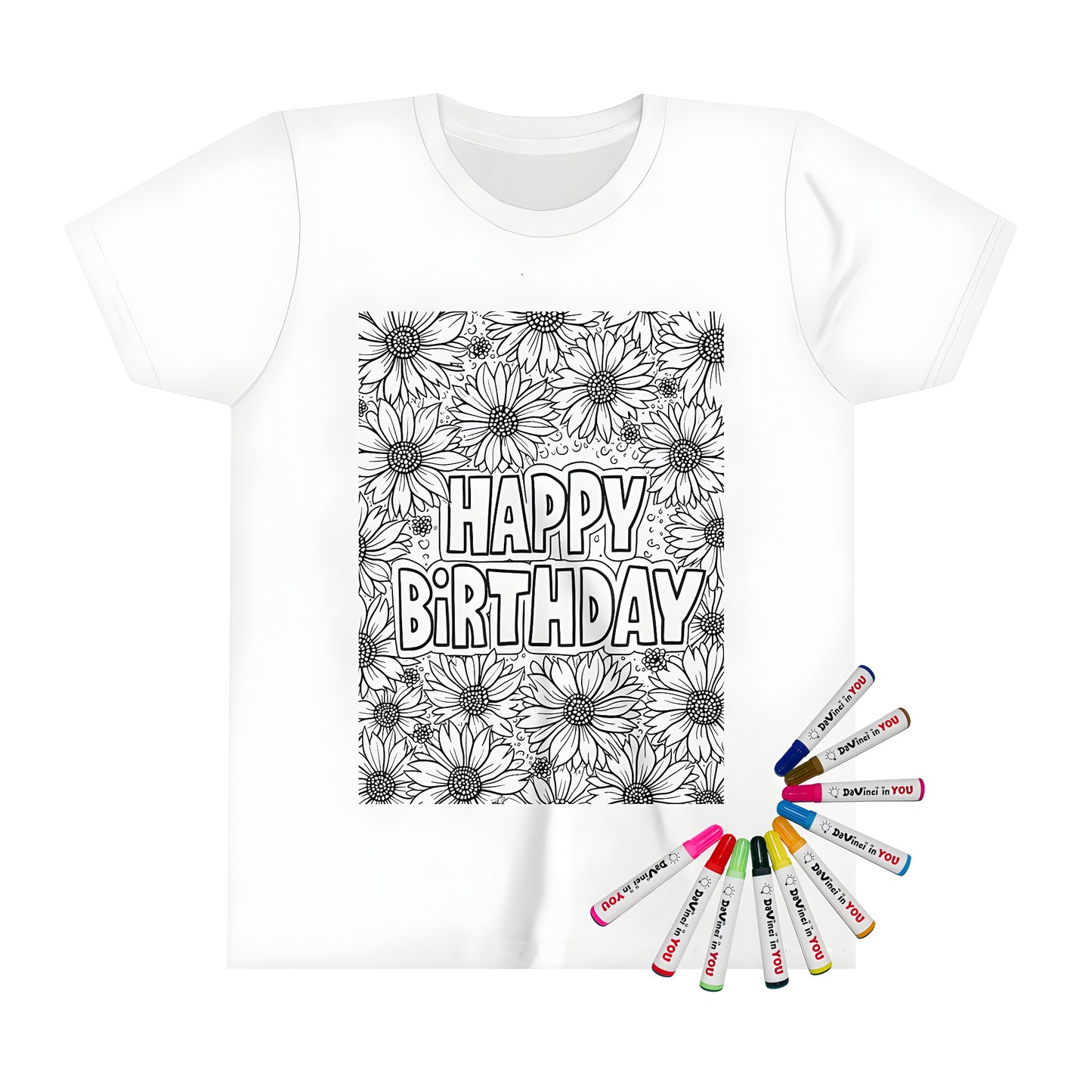 Birthday greeting t-shirt for kids with colorful daisies and HAPPY BIRTHDAY text