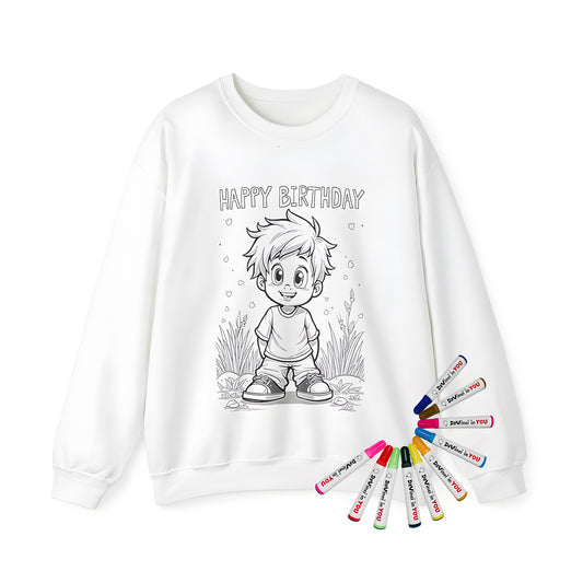 Adult sweatshirt featuring a cute birthday boy illustration