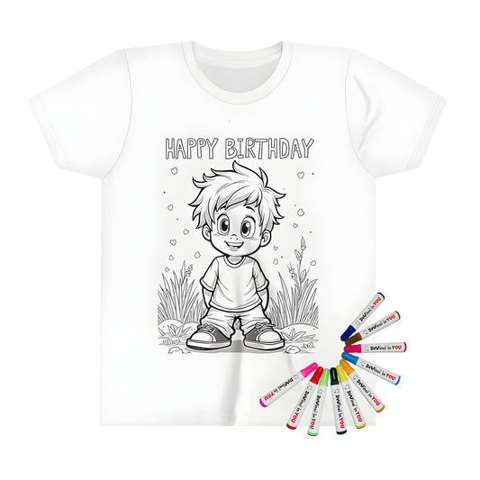 Kid's birthday boy t-shirt with smiling boy illustration, Happy Birthday text and colorful flowers