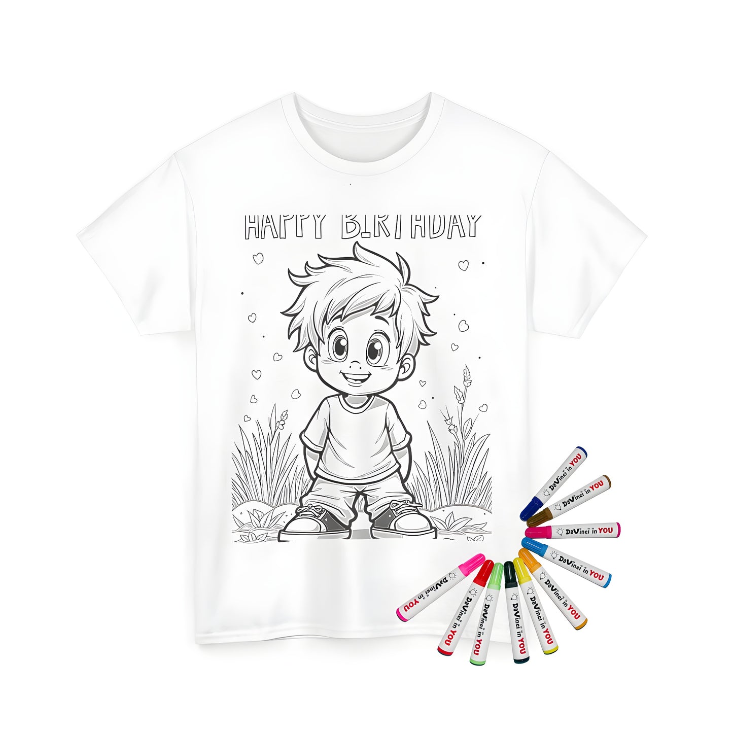 Unisex t-shirt with birthday boy coloring page design, featuring a smiling boy with 'Happy Birthday' text and nature background