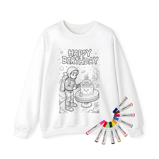 Adult sweatshirt featuring a vibrant space birthday design with an astronaut child celebrating with cake, balloons, and gifts against a cosmic background