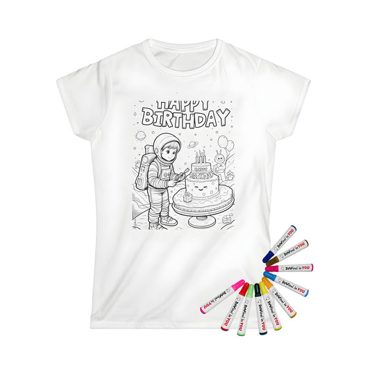 Women's t-shirt with galaxy birthday party coloring kit design