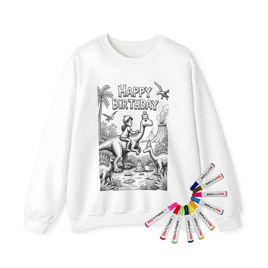 Adult sweatshirt featuring vibrant coloring page design of a child riding a dinosaur in a jungle birthday celebration