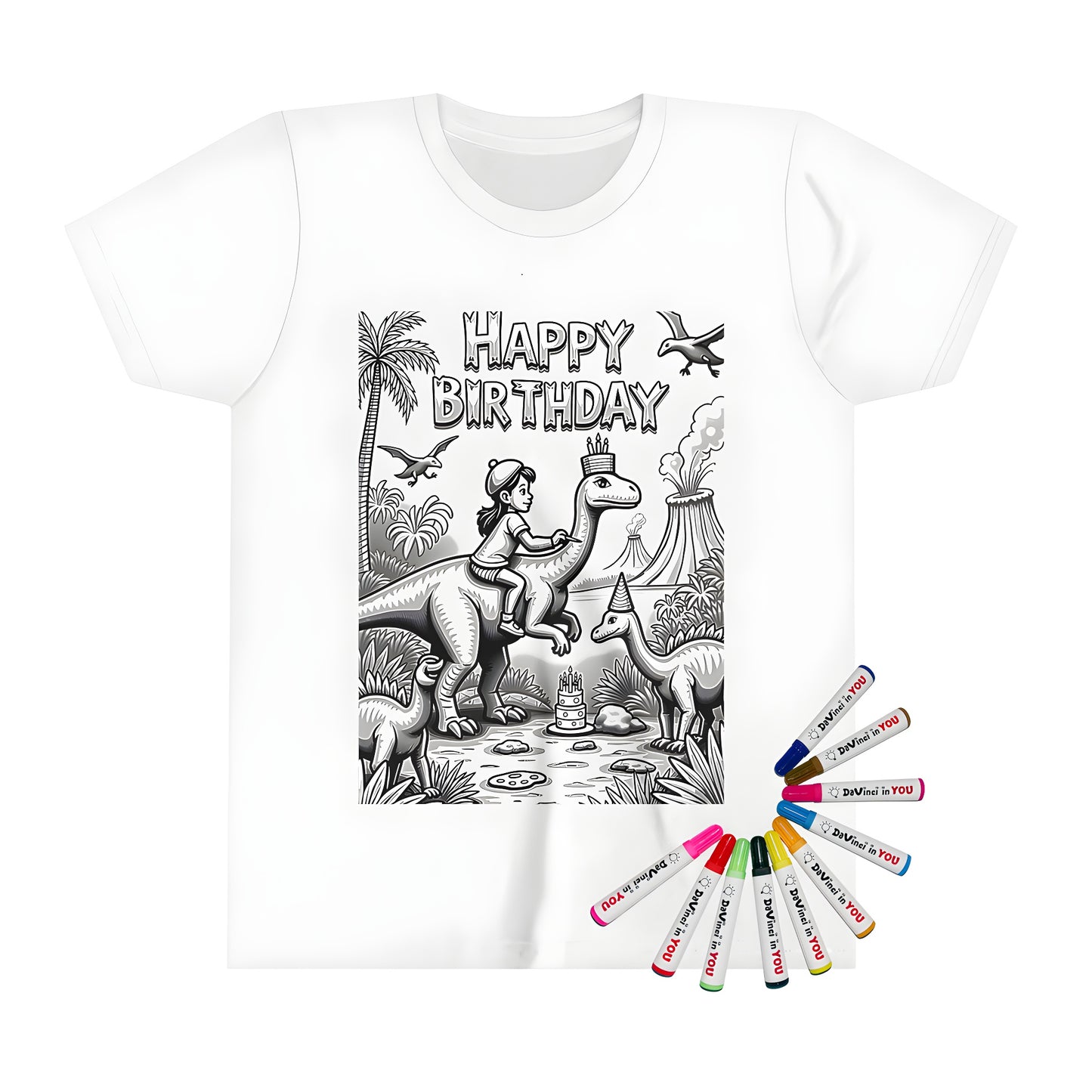 Birthday party kid's t-shirt with colorful dinosaur design and birthday cake