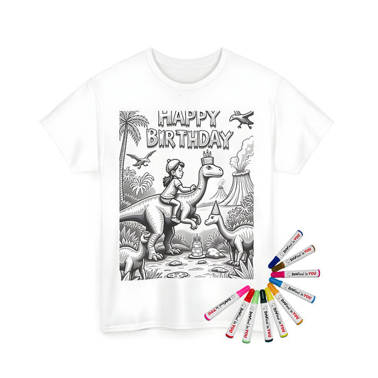 Coloring kit t-shirt with dinosaur and birthday celebration design