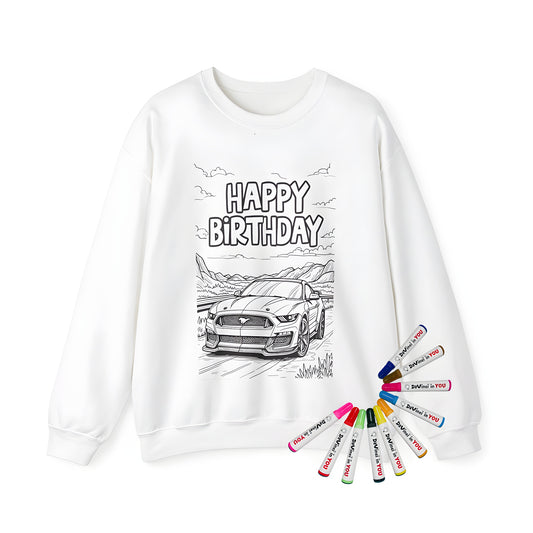 Adult sweatshirt featuring an outlined sports car on a road with mountains background and 'Happy Birthday' text