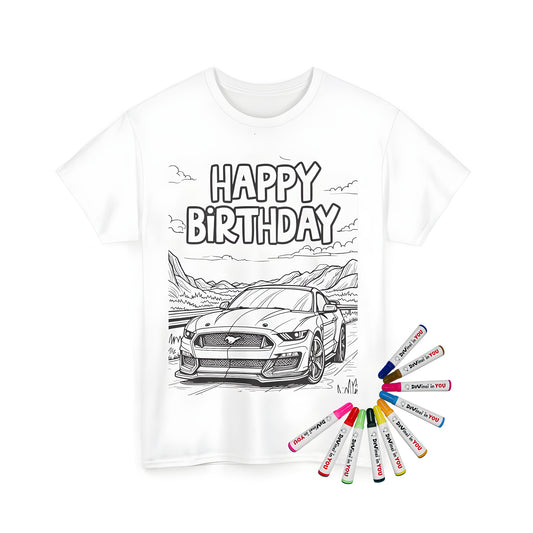 Coloring kit for a unisex t-shirt featuring an outlined sports car on a road with mountains and 'Happy Birthday' text