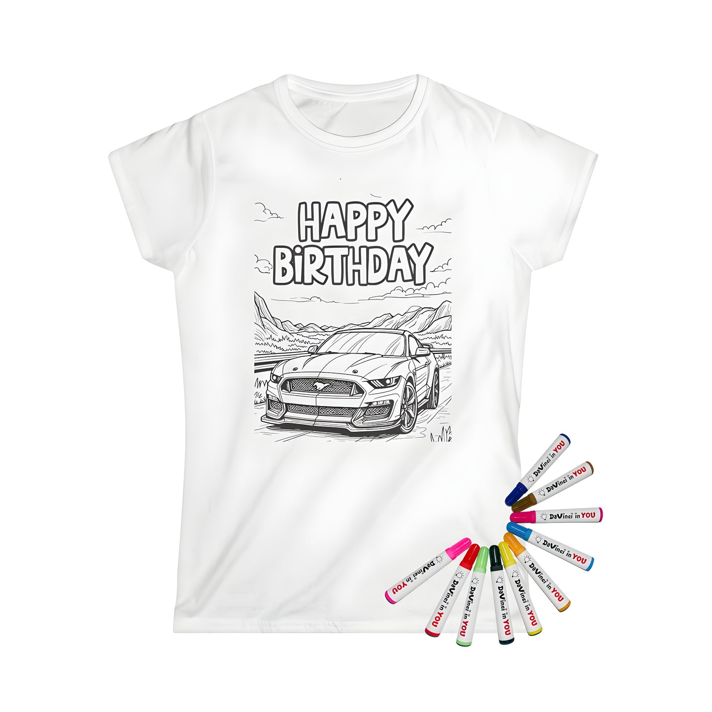 Women's t-shirt featuring a fun coloring page design of an outlined sports car on a road with mountains in the background and 'Happy Birthday' text at the top. Perfect for a car enthusiast's birthday gift or a unique automotive-themed apparel