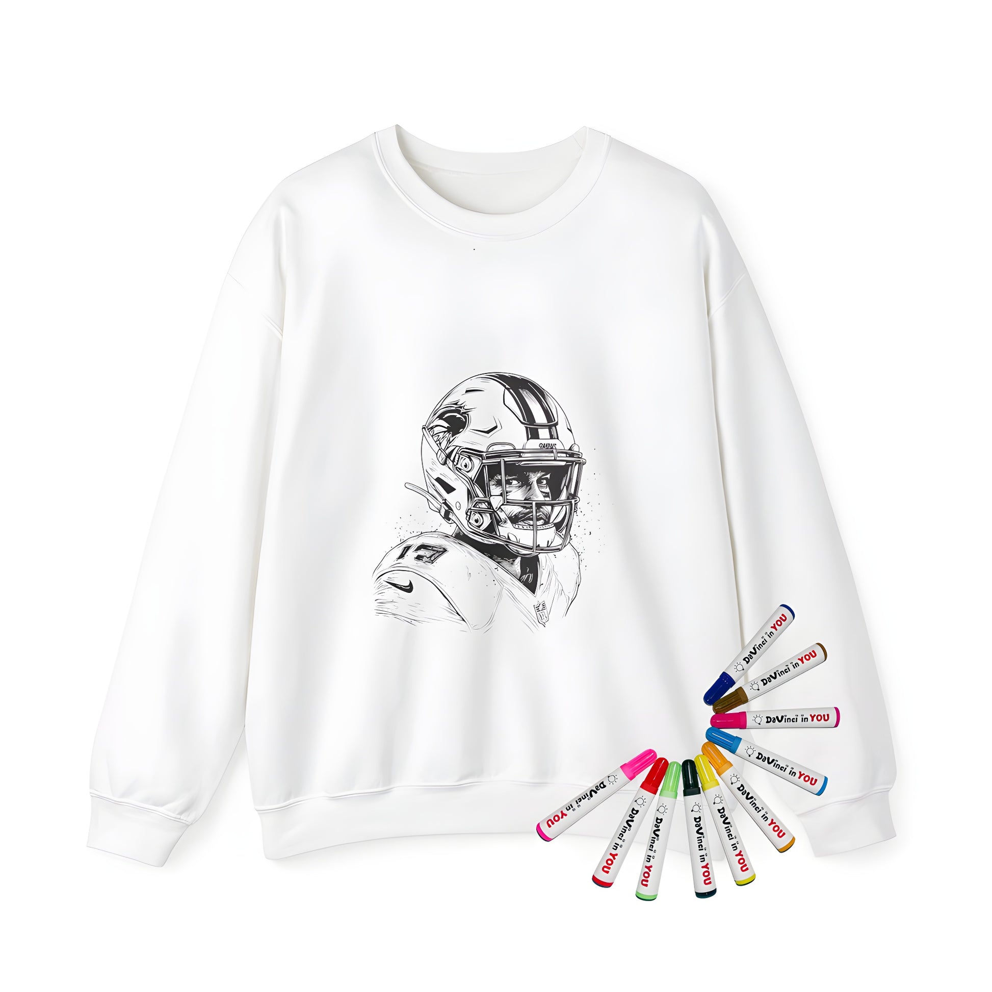 Adult sweatshirt with detailed black-and-white football illustration design featuring athlete in helmet