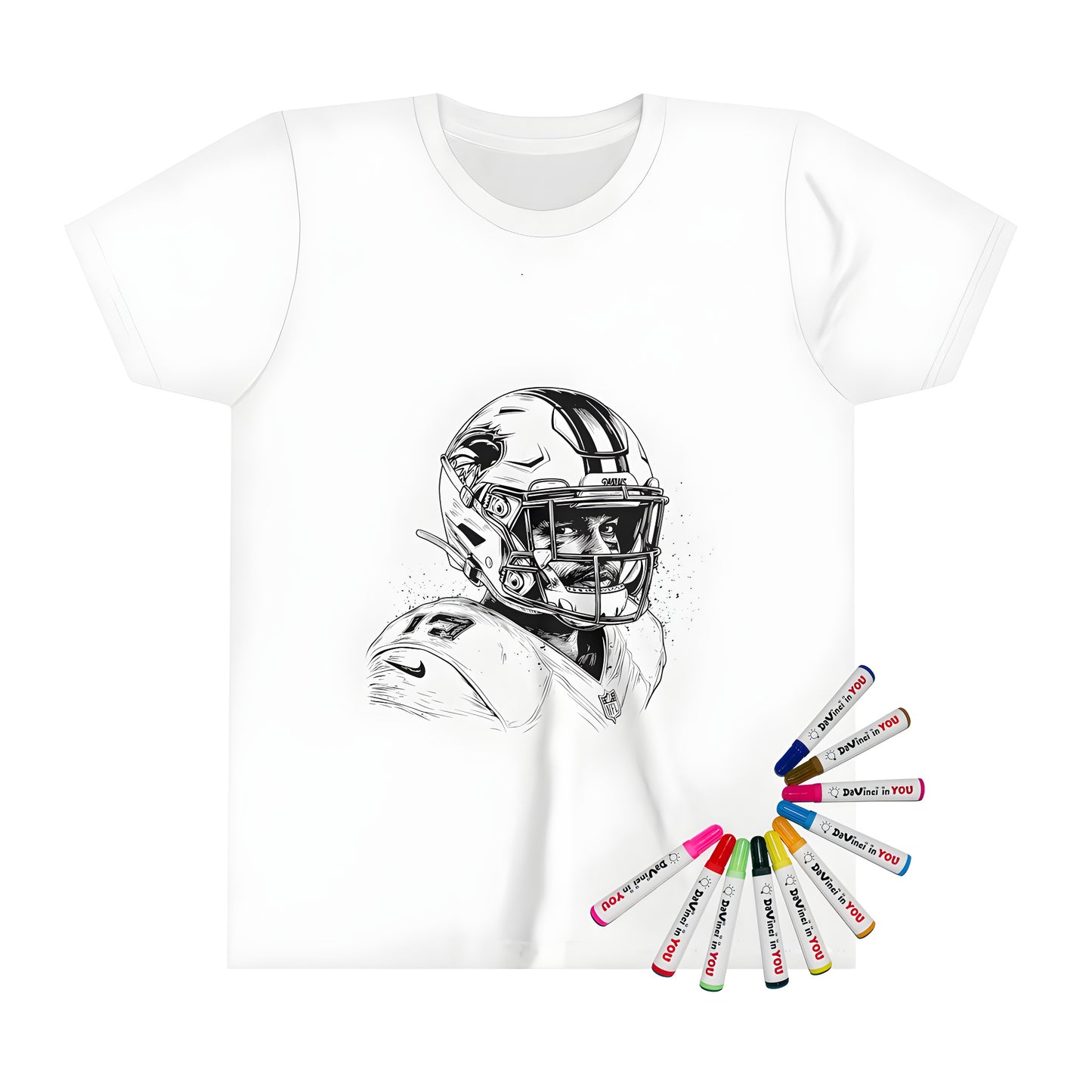 A kid's t-shirt featuring a detailed black-and-white illustration of an American football player on a coloring page style design with facial expressions.