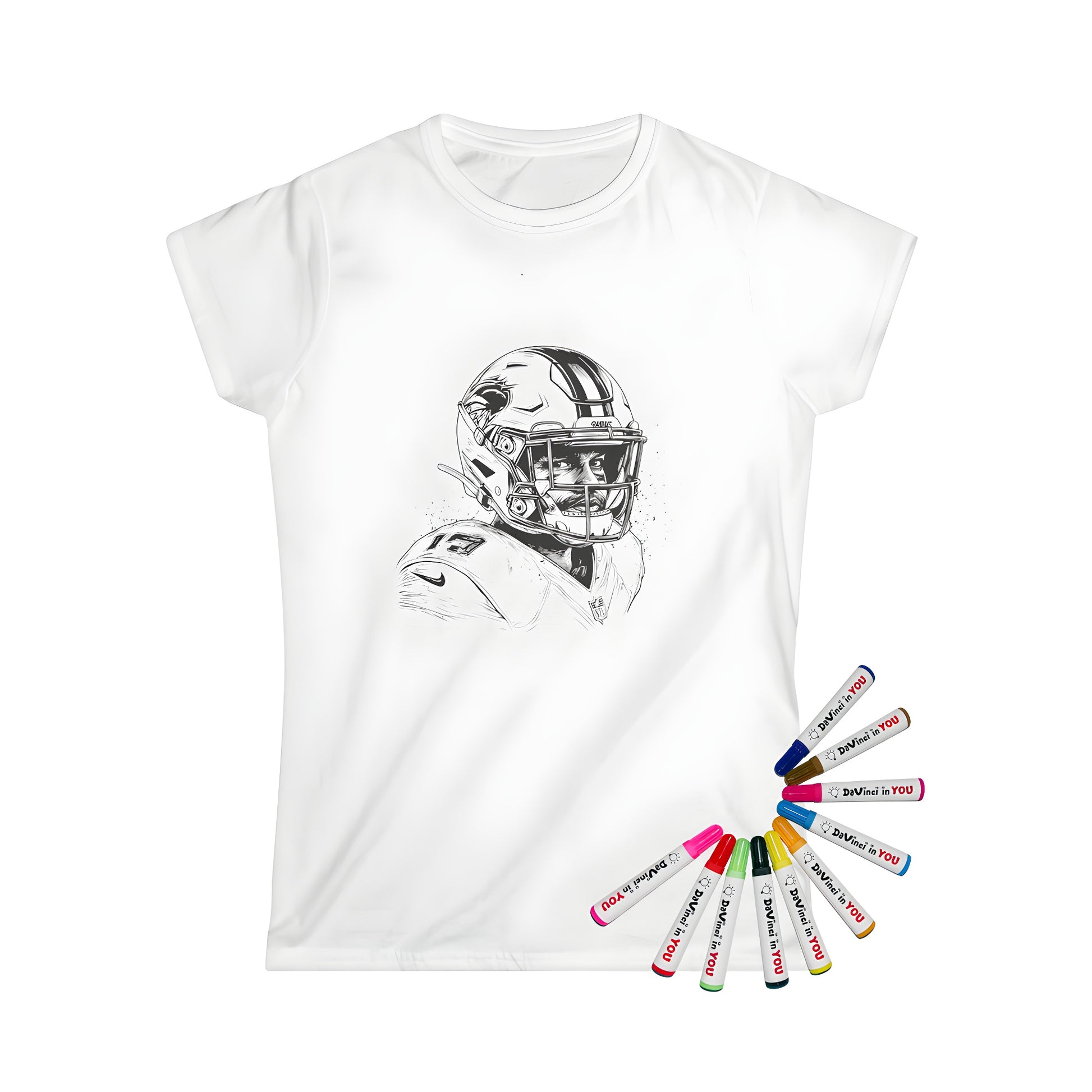 Women's graphic t-shirt with a detailed black-and-white illustration of an American football player wearing a helmet, emphasizing facial expressions; perfect for the NFL fan in your life. Includes 10 vibrant fabric markers.