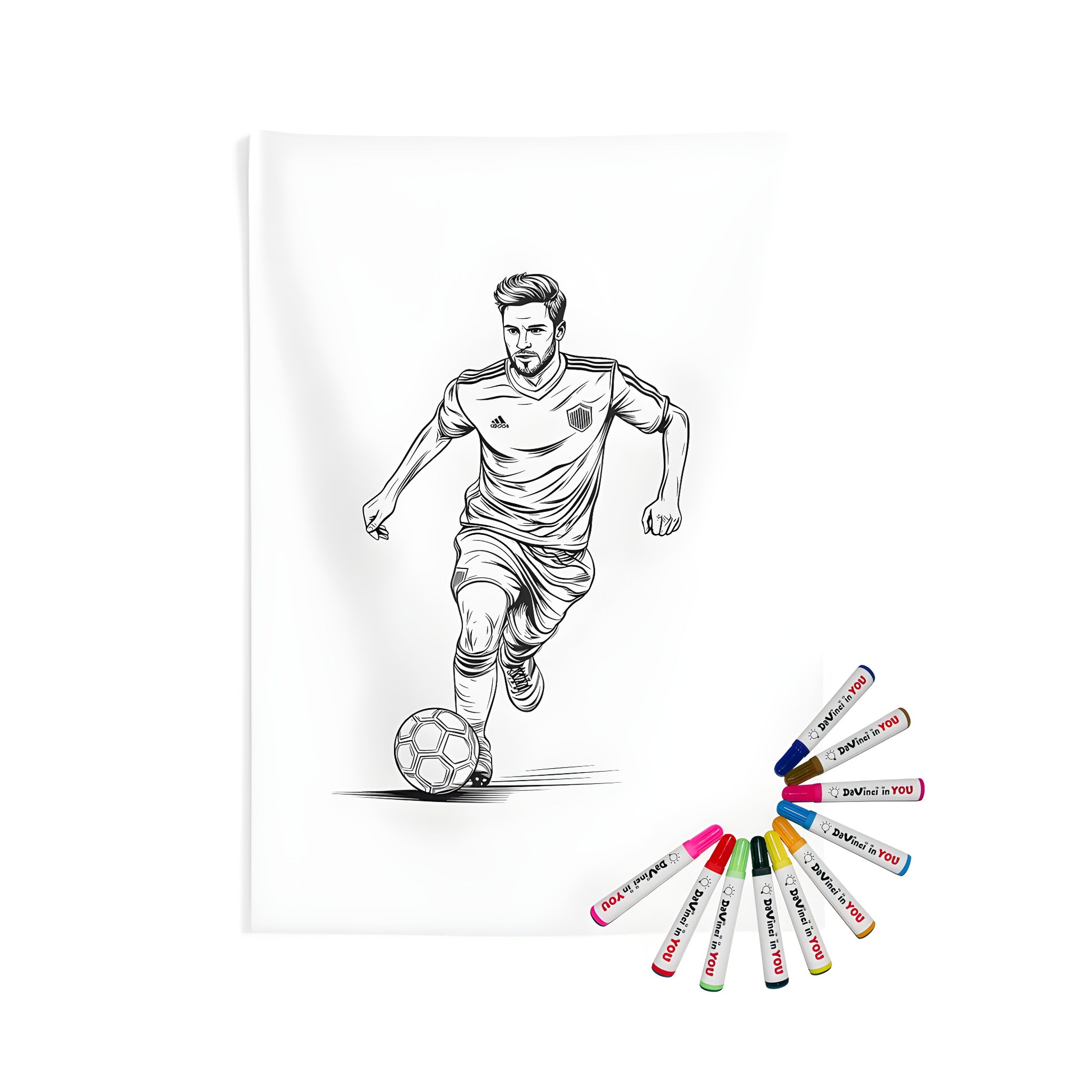 A vibrant indoor wall tapestry featuring a detailed black and white illustration of a soccer player running with a ball, perfect for sports enthusiasts and fans of the beautiful game