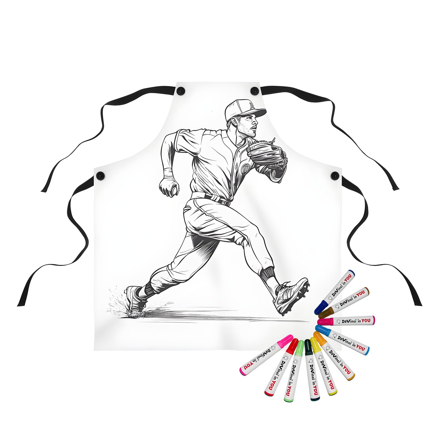 Aprons with coloring pages designs of baseball player illustrations, kid-friendly fashion accessory