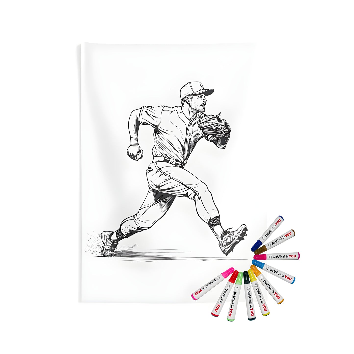 Indoor wall tapestry featuring a Black and white illustration of a baseball player running with a glove, ready to make a play. Includes fabric markers for coloring.