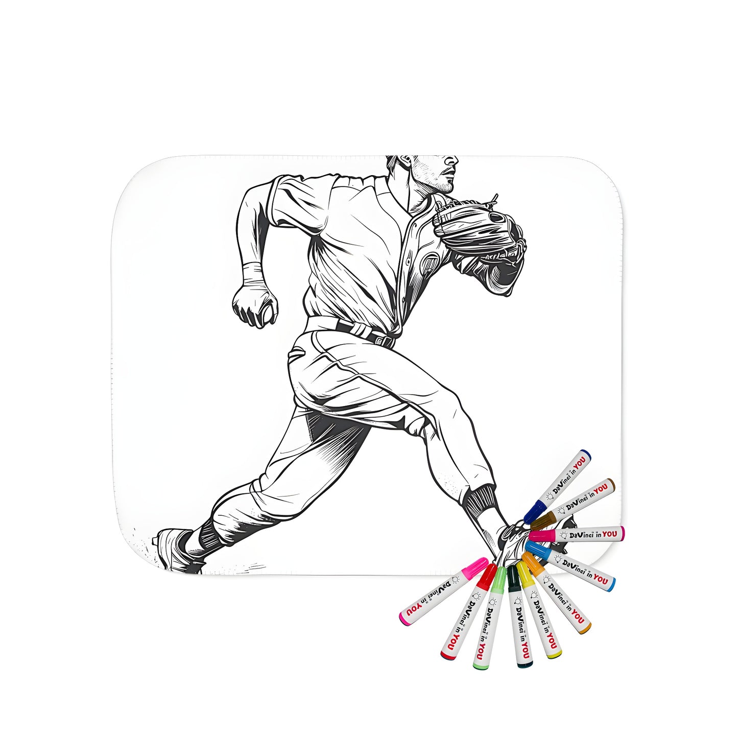 Blanket with a detailed black and white illustration of an athlete running with a baseball glove, ready to catch a fly ball