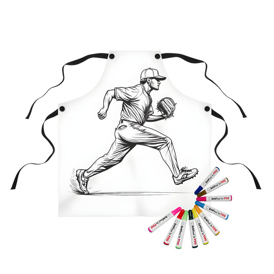 Baseball themed apron with colorful line art design of a baseball player throwing a pitch