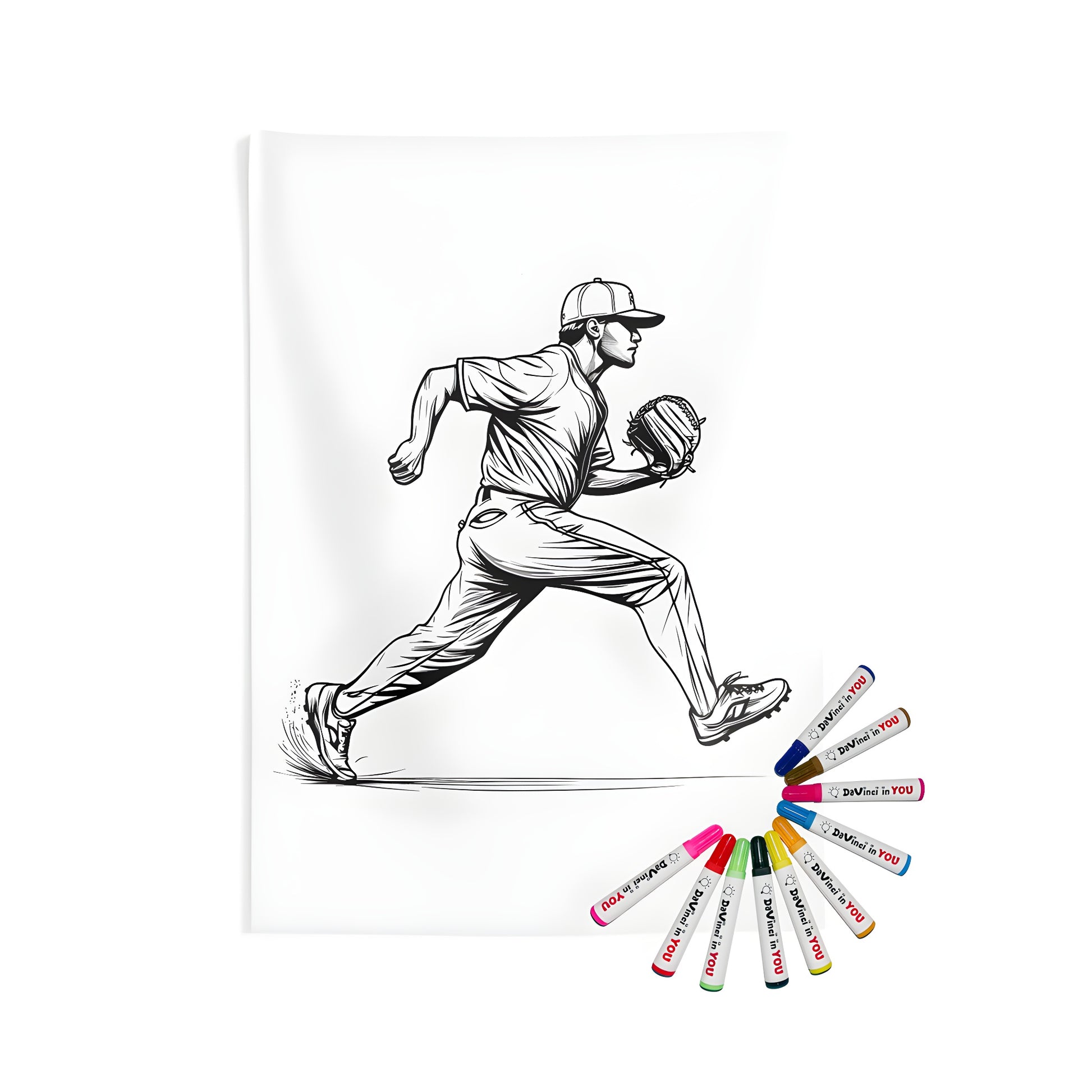 Indoor wall tapestry featuring a detailed black and white line art of a baseball player in mid-action, running towards the pitcher's mound, with a focus on capturing the moment before throwing a pitch.