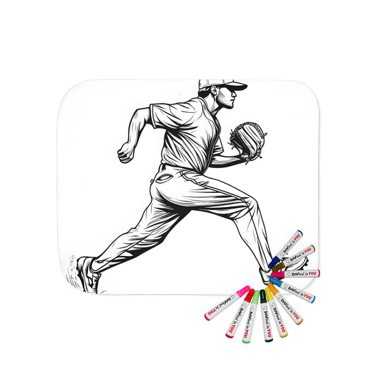 Coloring blanket with baseball design, pitcher illustration on fabric art