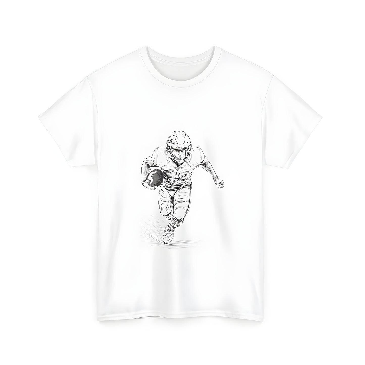 Unisex T-shirt with black and white sketch of an athlete running with football