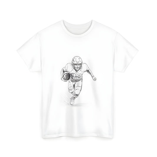 Unisex T-shirt with black and white sketch of an athlete running with football