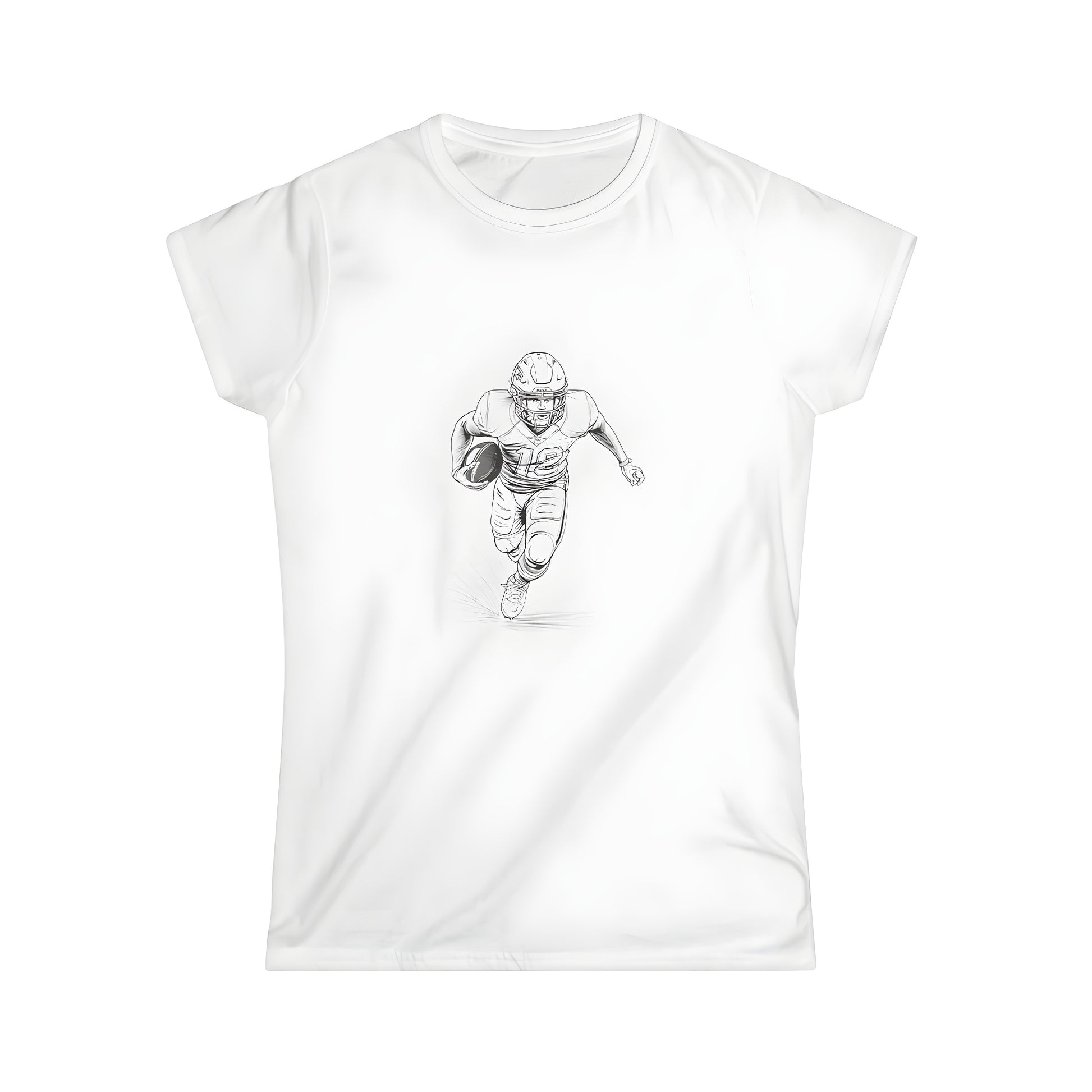 Women's sports apparel tee shirt featuring a black and white sketch of an athlete running with football