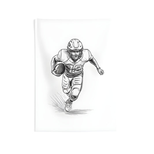 Indoor wall tapestry featuring a black and white sketch of an American football player running with the ball